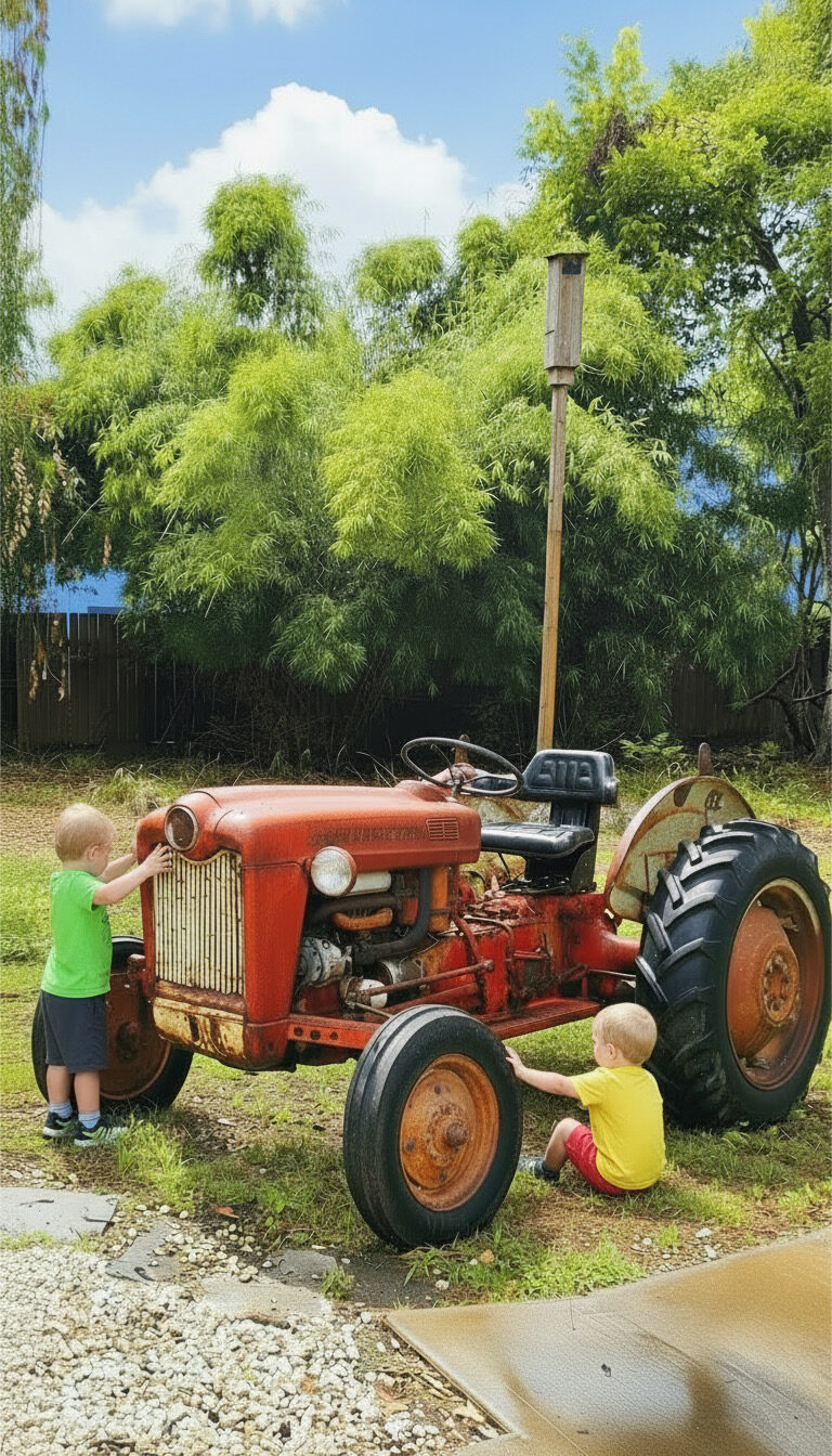 Children exploring the vintage tractor on the ranch grounds